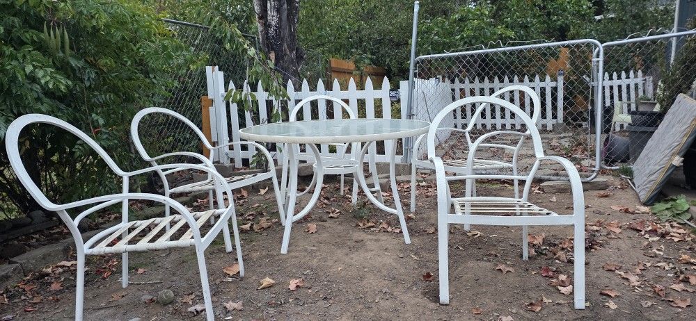 Exterior Metal And Glass Dining Set With 5 Chairs And Cushions