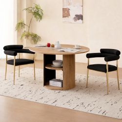 Brand New Round Oak Table With 2 Black Boucle Dining Chairs 