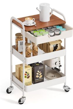 TOOLF 3 Tier Rolling Cart with Drawer, Metal Utility Storage Cart, White
Wooden Tabletop, Lockable Metal Wheels, Trolley Organizer for Bathroom, Kitch