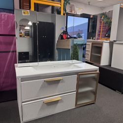 As Is 40” White Floating Bathroom Vanity W/Sink & Medicine Cabinet
