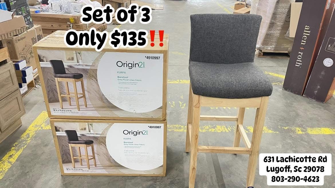 🪑 Set of 3 Kurpa Natural Grey Linen Bar Stools 🌟