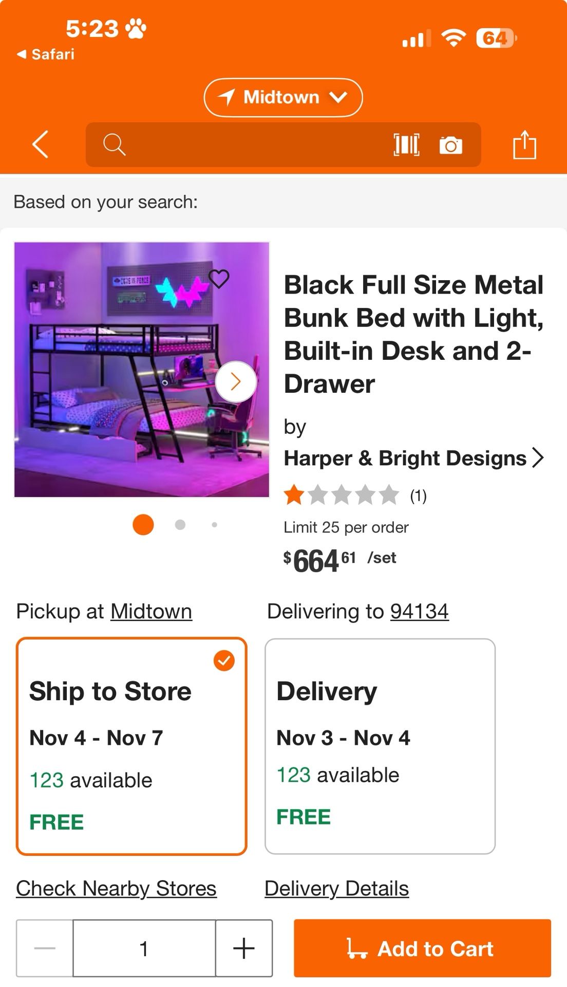 Metal Bunk Bed with Desk, Light & 2 Drawers, Black Finish