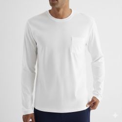 Express Mens Pocket Crew Neck Perfect Pima Cotton Long Sleeve T-Shirt White S 