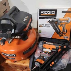 Ridgid corded elecric pancake air compressor, pneumatic anhled finish nailer