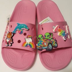 (New) Crocs Lisa Frank Jibbitz & Crocs Slides Set (M8/W10) (Taffy Pink)