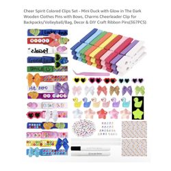 Brand new Cheer Spirit Colored Clips Set - Mini Duck with Glow in The Dark Wooden Clothes Pins with Bows, Charms Cheerleader Clip for Backpacks/Volley