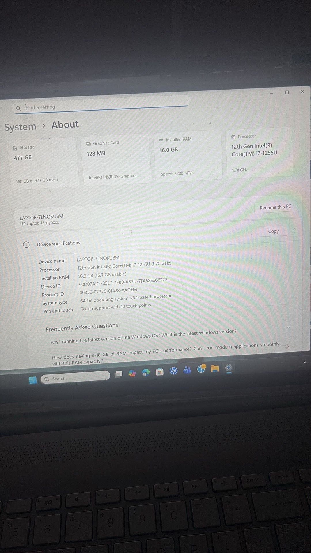 HP 15” Laptop – i7 / 16GB RAM – WORKS – Needs Frame/Bezel