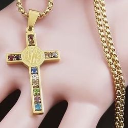 STAINLESS STEEL CROSS WITH COLOR JEWELS 