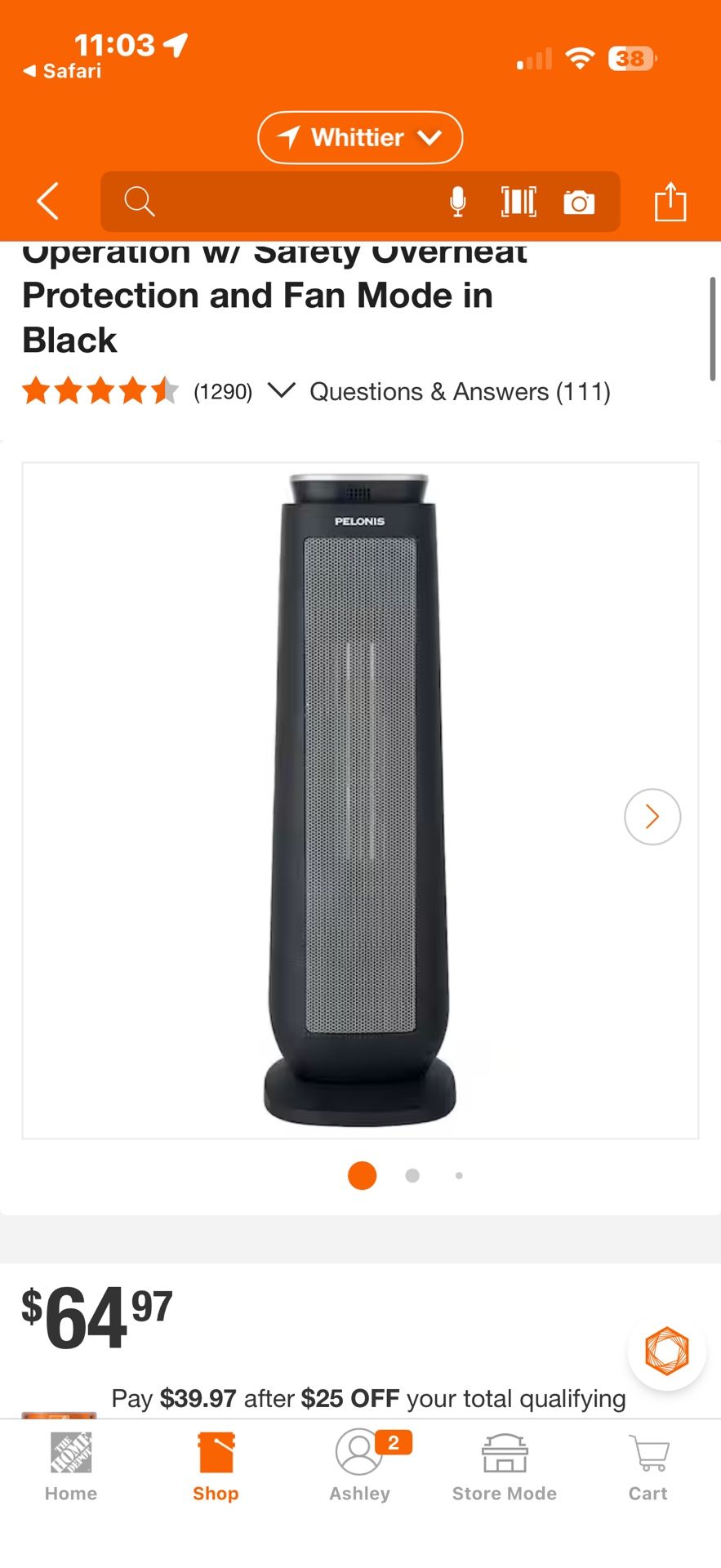 Pelonis 1500-Watt 23 in. Digital Tower Indoor Ceramic Heater Quiet Operation w/ Safety Overheat Protection and Fan Mode in Black