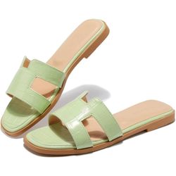 8.5sizeTRULAND H Strap Flat Slide Sandals for Women - Cute Fashion Open Square Toe Summer Dressy Sandals