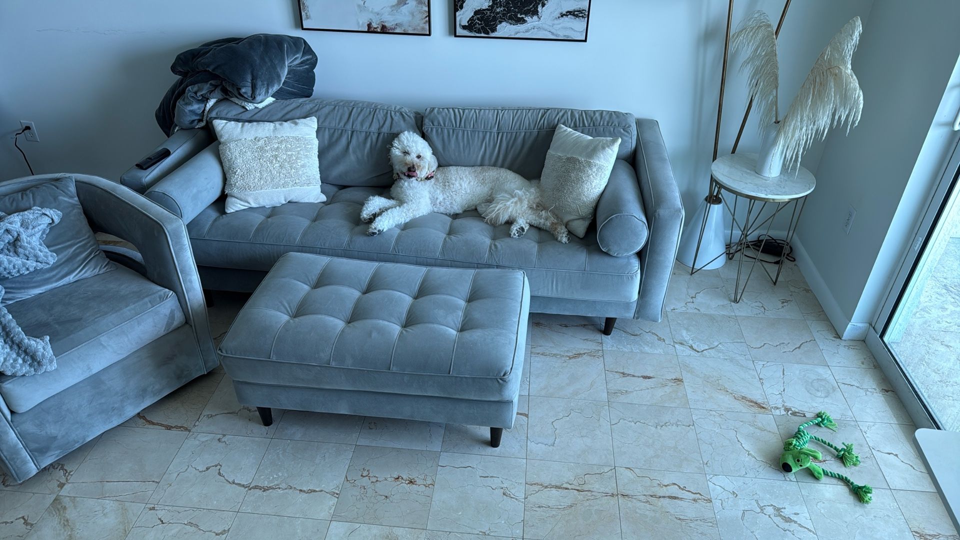 Gray Couch, Ottoman, Chair