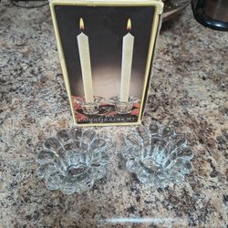 Vintage Made in Italy Crystal Glass Lotus Flower Taper Candle Holder Set of 2