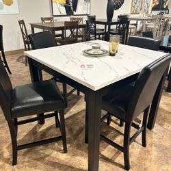 Dining Table SET 5 PC COUNTER HEIGHT, WHITE and BLACK MARBLE