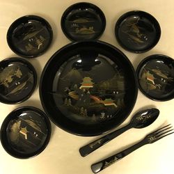 Vintage Japanese Embossed Aizu LacquerWare Serving & Salad Bowl Fork Spoon Set
