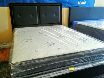 Queen bed frame wood and leather + queen mattress set @t 707 park ave cranston ri 02910