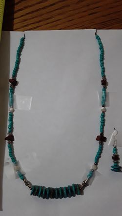 Turquoise and coral necklace with mother of pearl