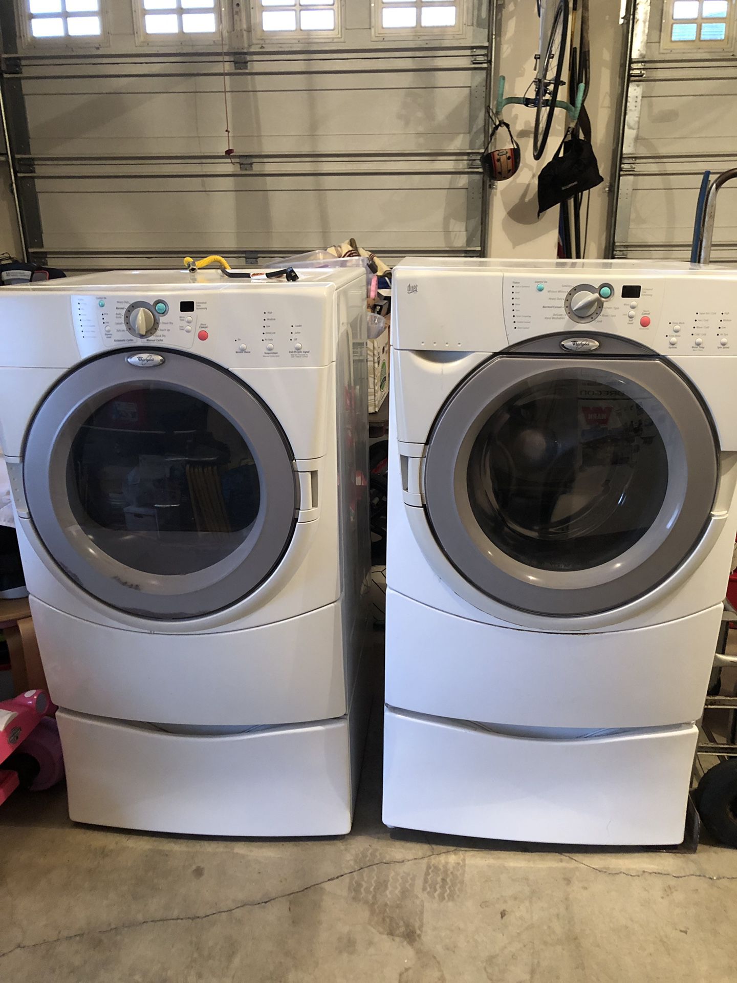 Whirlpool Duet Front Load Washer and Gas Dryer w/Drawer Stands