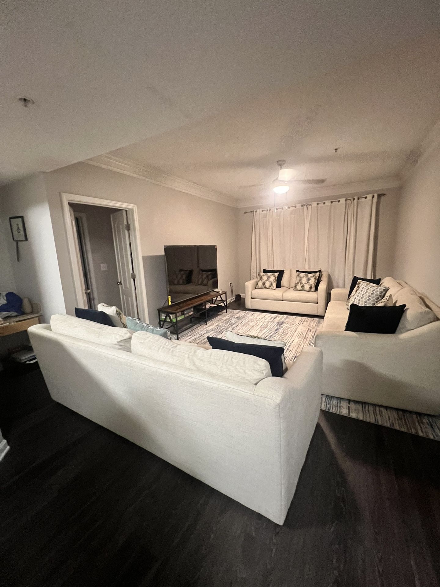 West Elm Living Room And Dining Table Set And 75in TV With Wooden Stand And Rug
