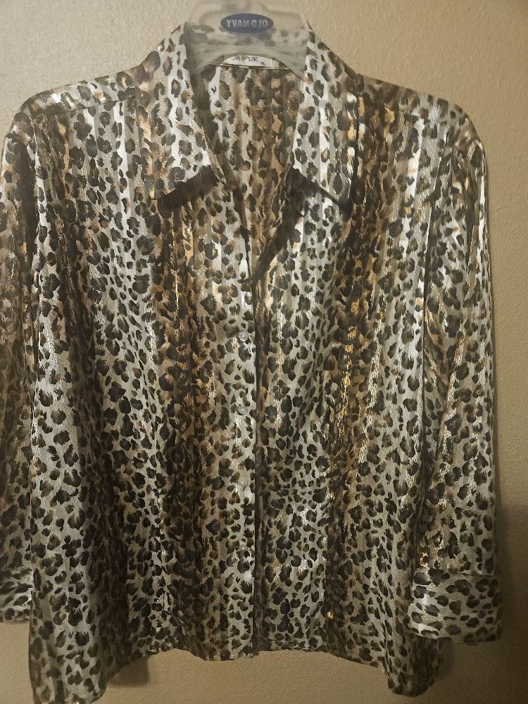 Womens Leopard Print JAIPUR Sheer Romantic Long Sleeve Blouse Sz XL