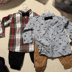 New Lots Of 2 Outfits -Size 4t Or 24 Months Christmas Plaid Dinosaur Outfits 