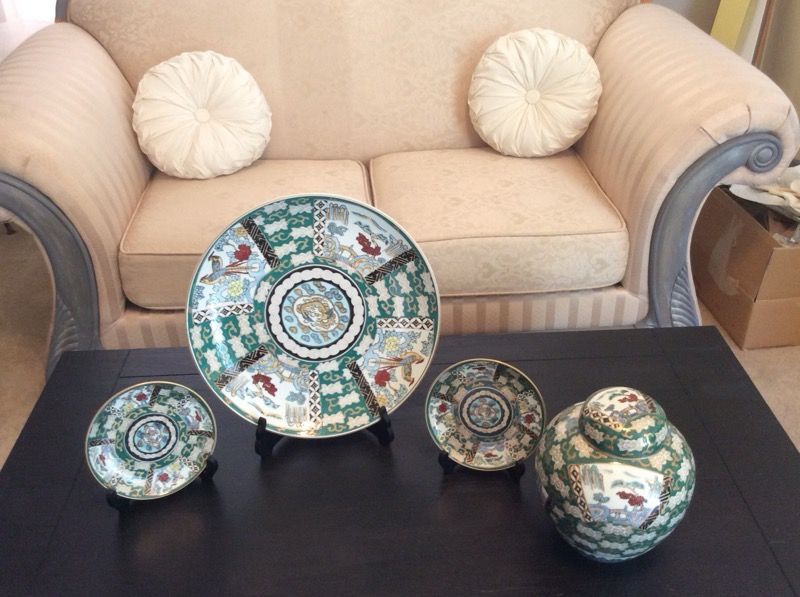 GOLD IMARI 古伊万里 有田焼 大皿 HandPainted VTG Japanese Gold Imari Hand Painted porcelain Green Phoenix