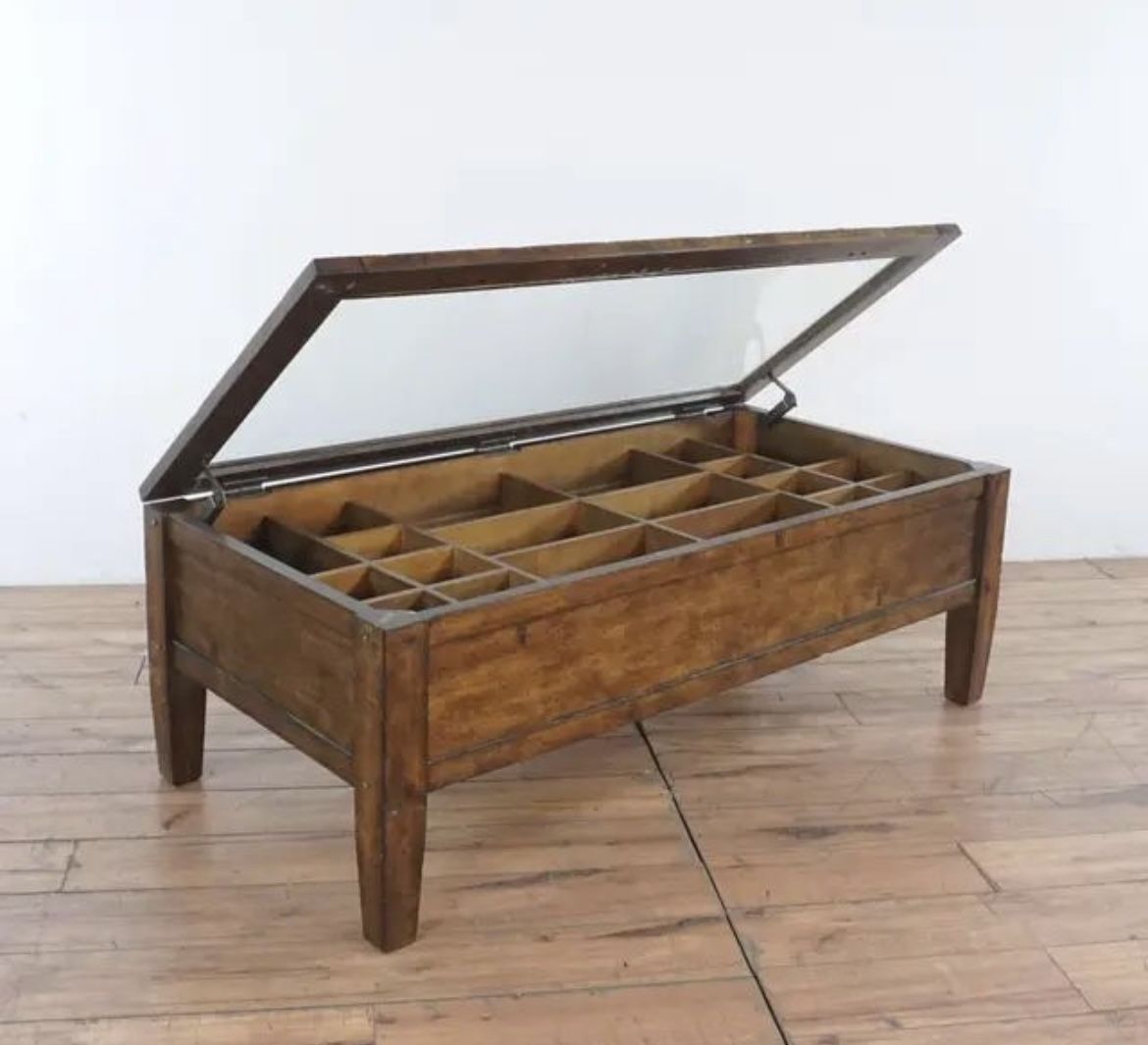 Pottery Barn Townsend Shadowbox Coffee Table Glass top with 20 shallow compartments for display items.