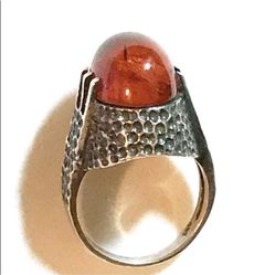 Sterling Hammered Amber Ring Sz 8