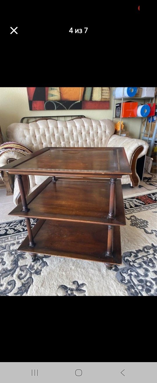 Vintage 3-Tier Solid Wood End Table with Fluted Legs, Brown Finish