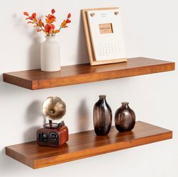 24" Teak Floating Shelves, Natural - Set of 2 8" Deep Water Resistant Real Wood Storage Shelves with Hidden Brackets for Bathroom Shower, Kitchen & Pl