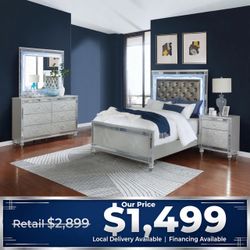 Silver Glam Bedroom Set with LED Headboard