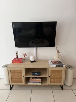 Rattan TV Console / Media Cabinet – Light Oak, Black Metal Legs
