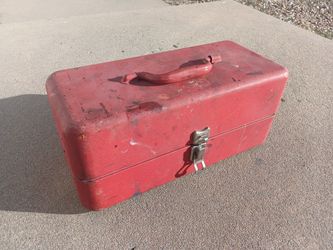 Vintage Red Metal Toolbox Tool box w Drawers 15" x 6.5" x 6.5" tall