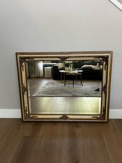 49x39 Extra Large Vintage Crackled Cream Ivory & Gold Ornate Beveled Wall Mirror