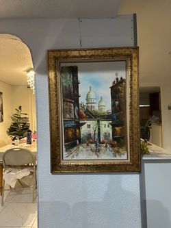 Signed Oil Painting Paris Street Scene Gold Frame