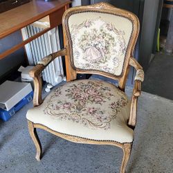 vintage French Louis XV style armchair with needlepoint tapestry upholstery