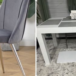 Brand New White Dining Table And 4 Gray Velvet Chairs 