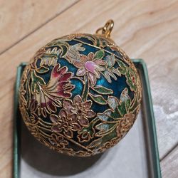 Vintage Cloisonne Floral Ornament Blue Green Gold Handcrafted Enamel Ball Christmas Holiday Decor Collectible Gift in Original Box