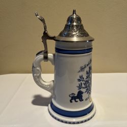 Vintage German Munchen Beer Stein Mug Domex 95% Pewter Lid 1(contact info removed) White Blue
