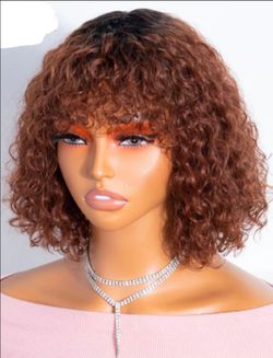 100% human hair Short Curly Bob Wig with Bangs