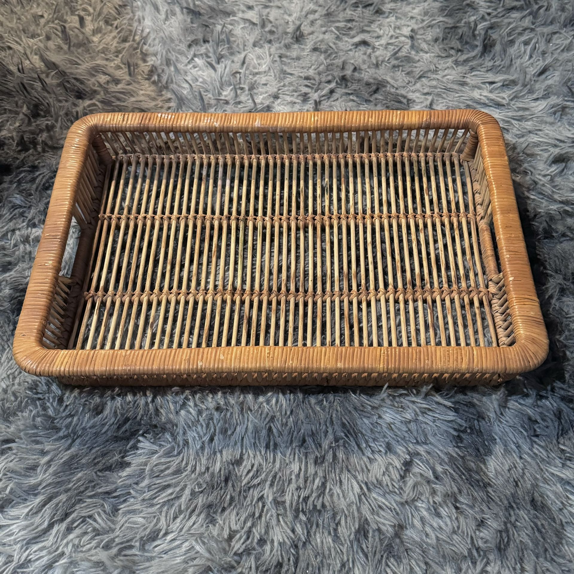 Vintage Rattan Serving Tray w/ Handles Danish Natural Decor Display 