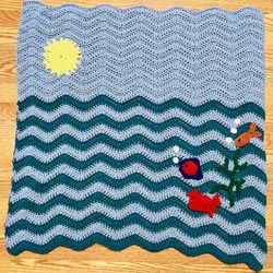 Fish crab Sun Ocean HandMADE crocheT baby blanket/lap afghan-UNISEX-SHOWER GIFT