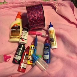 6 Bottle If Fabric Paint Red Black Yellow White  Blue Plus One Roll Of Ribbon Hot Pink