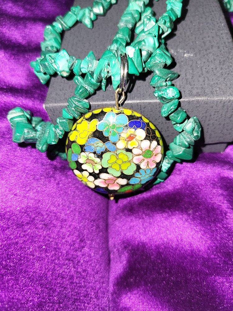 Cloisonne Pendant on Malachite Strand.