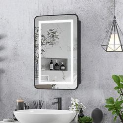 Black Bathroom Mirror Medicine Cabinet with Round Corner Framed Door, Recessed or Surface Mount, with Adjustable Glass Shelves - Size: 23.6" H x 16.5"