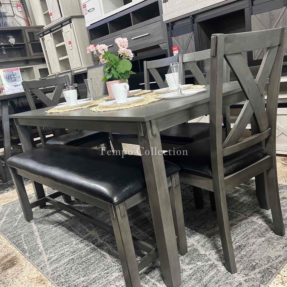 6 pcs dining set Table + 4 Chairs+Bench, Gray Color, SKU#10F2548,All Products : American Fashion Style Bags On Sale