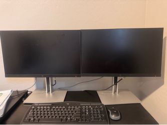 Dual Monitor Workstation Setup – HP Monitors + Stand + wireless Keyboard/Mouse…..