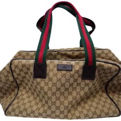 Gucci GG Canvas Medium Travel Tote Carry On Duffle Bag Beige Brown Handbag