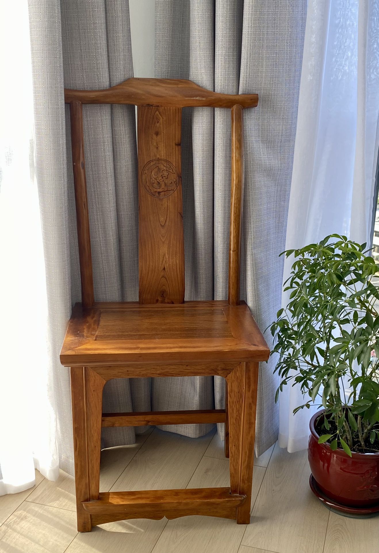 Antique Hand Carved and Lacquered Elmwood Chair from 19th Century China