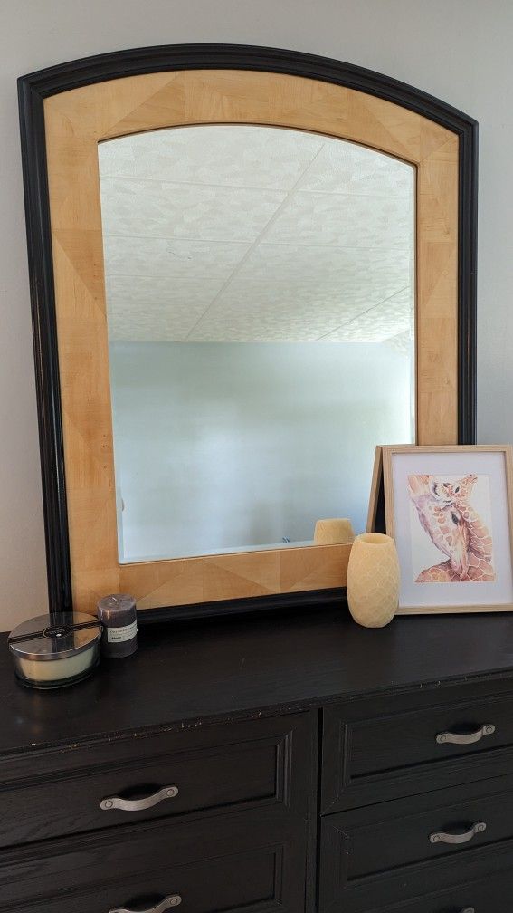 Large Mirror Mountable Black Natural Wood Grain Rectangle