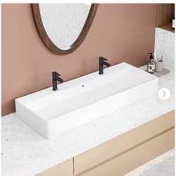 Turner 44 in. White Vitreous China Rectangular Wall-Mount Bathroom Trough Vessel Sink w/ Double Faucet Hole and Overflow